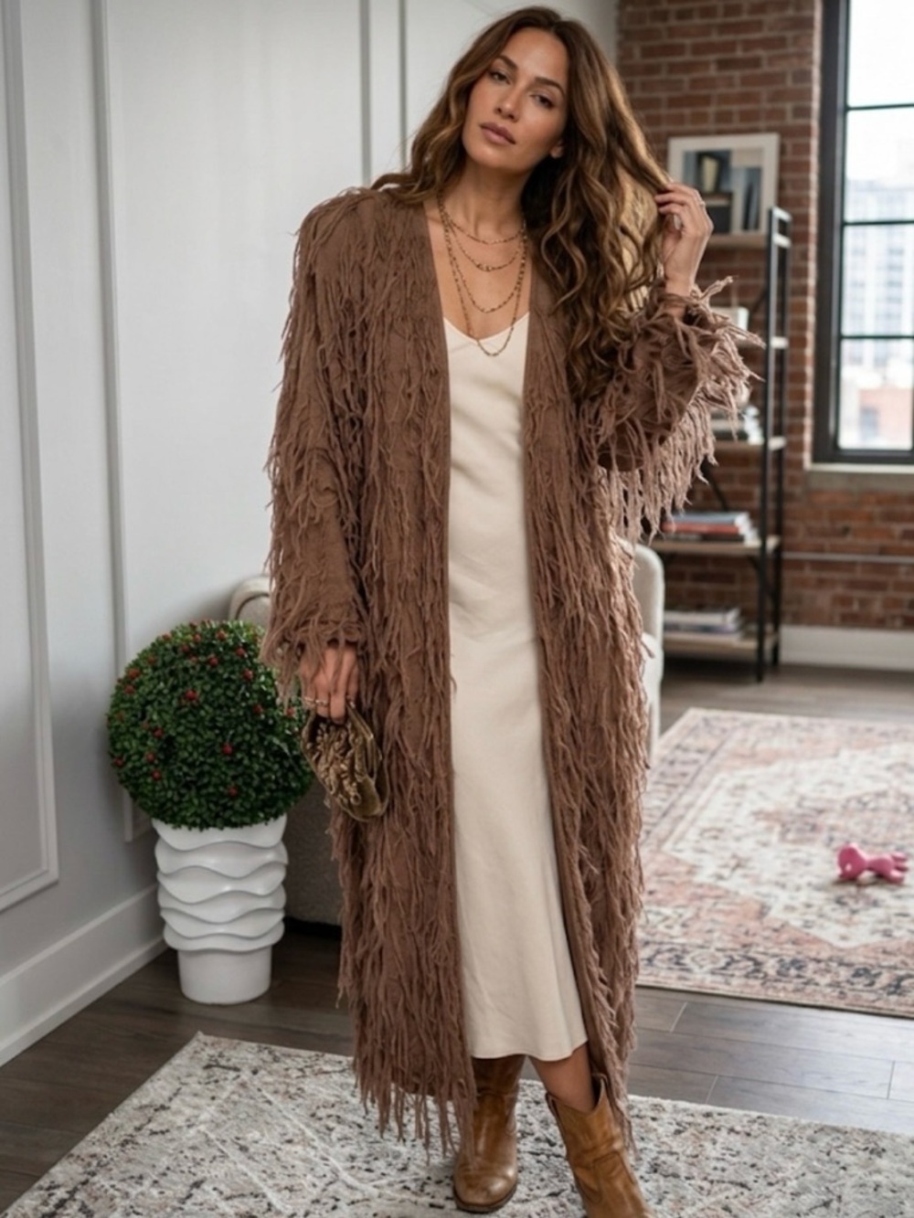 VTG Crystal Textured Fringe Long Duster Coat in Warm Brown Sz M